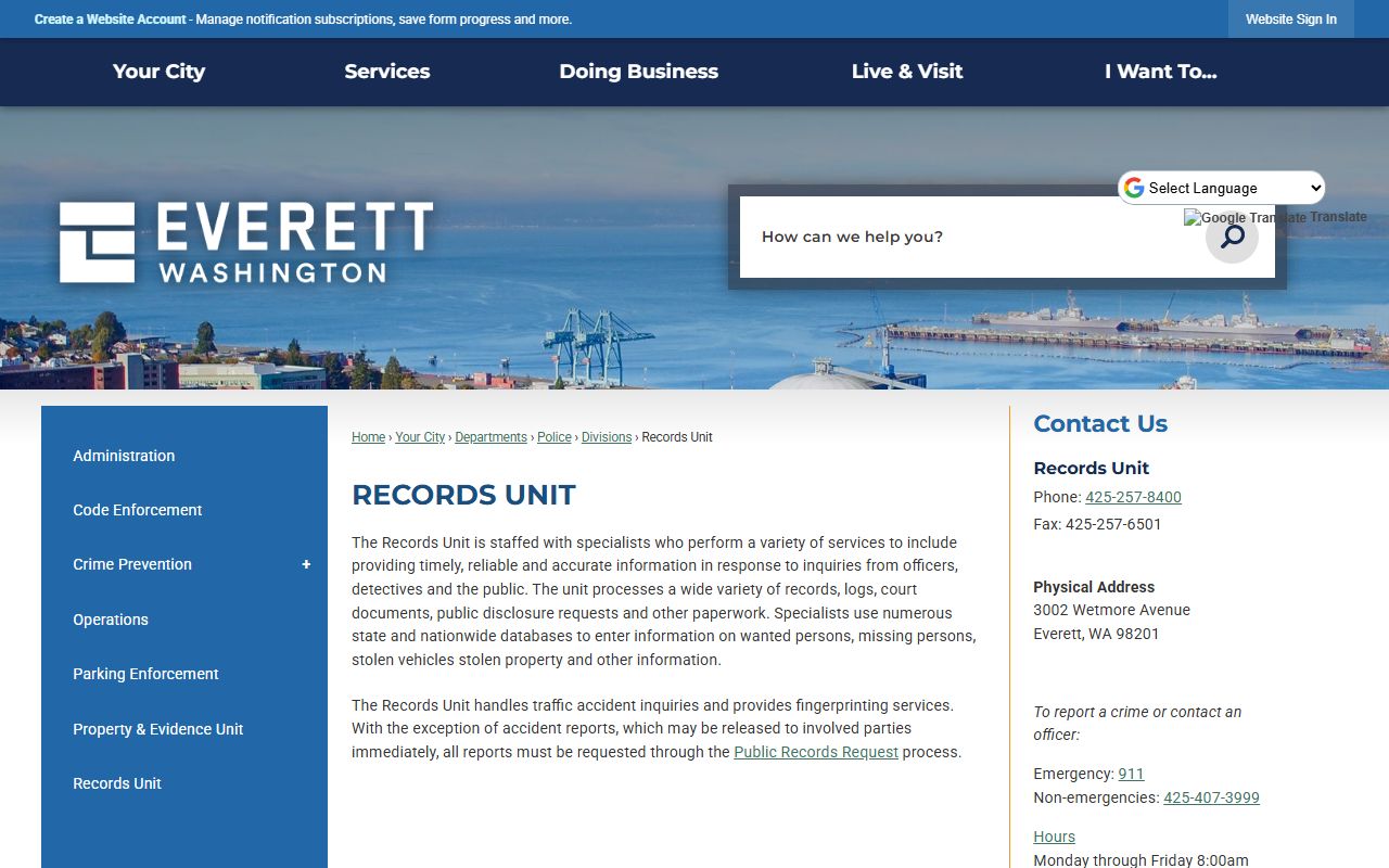 Everett Police Department Records Unit page for booking releases