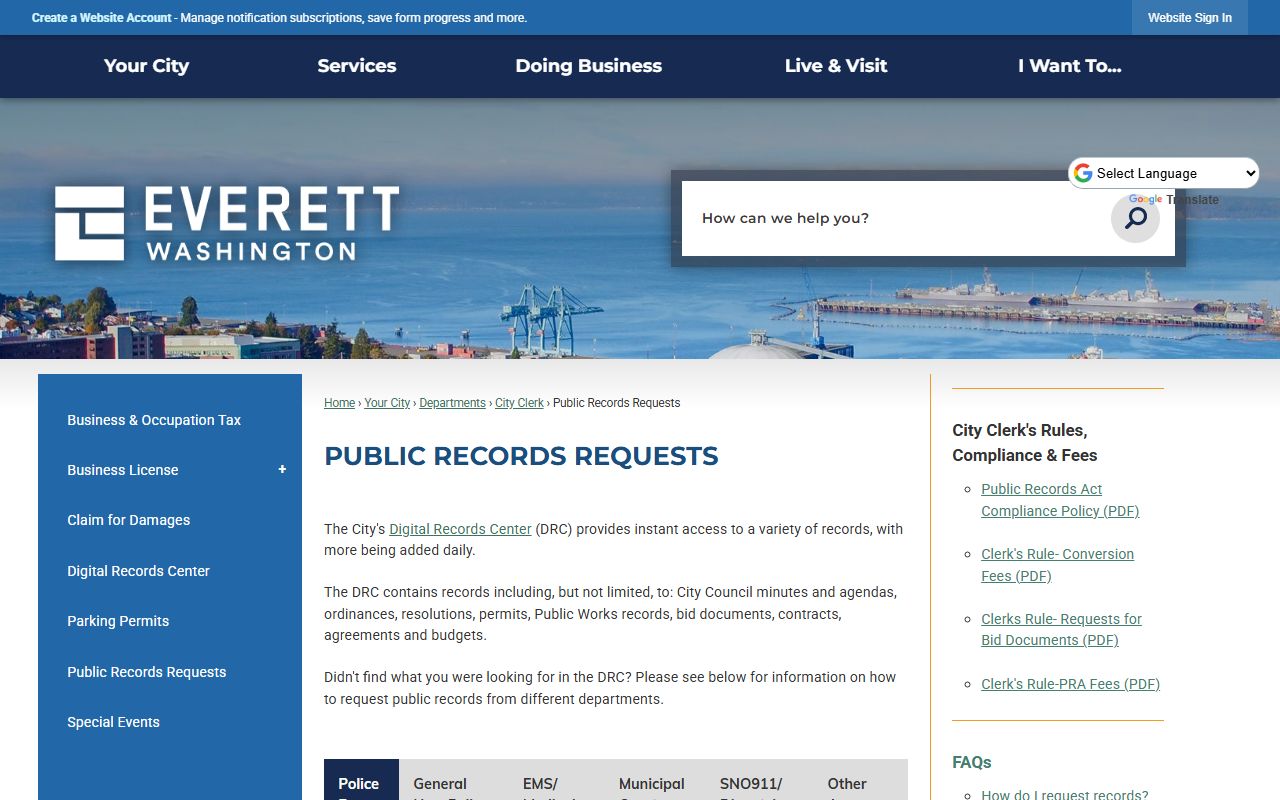Everett public records requests page for booking releases