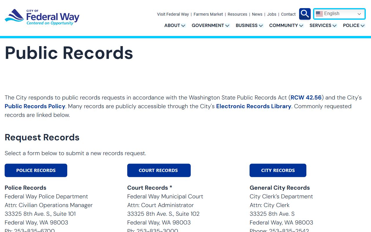 Federal Way public records page for booking releases