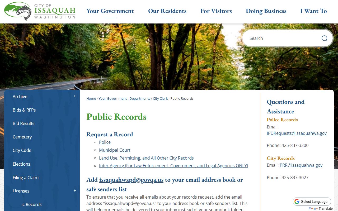 Issaquah Washington public records page for booking releases
