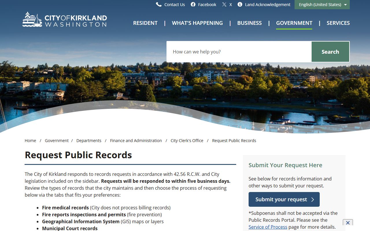 Kirkland city clerk booking releases public records request page