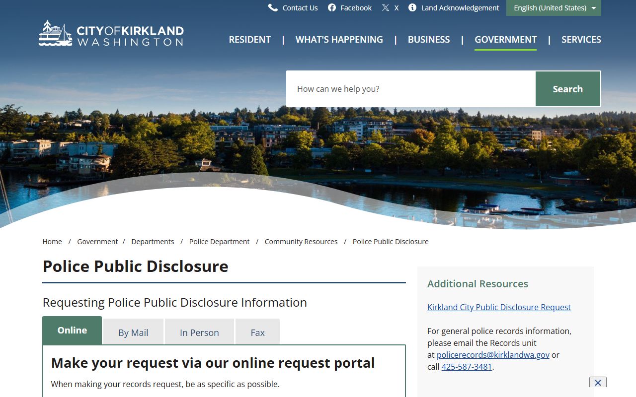 Kirkland Police Department booking releases public disclosure page