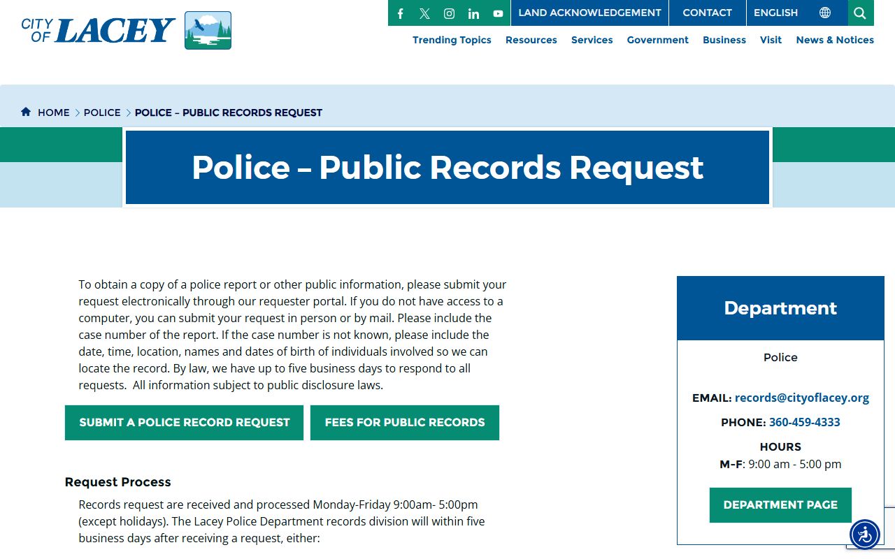 Lacey Police booking releases records request page