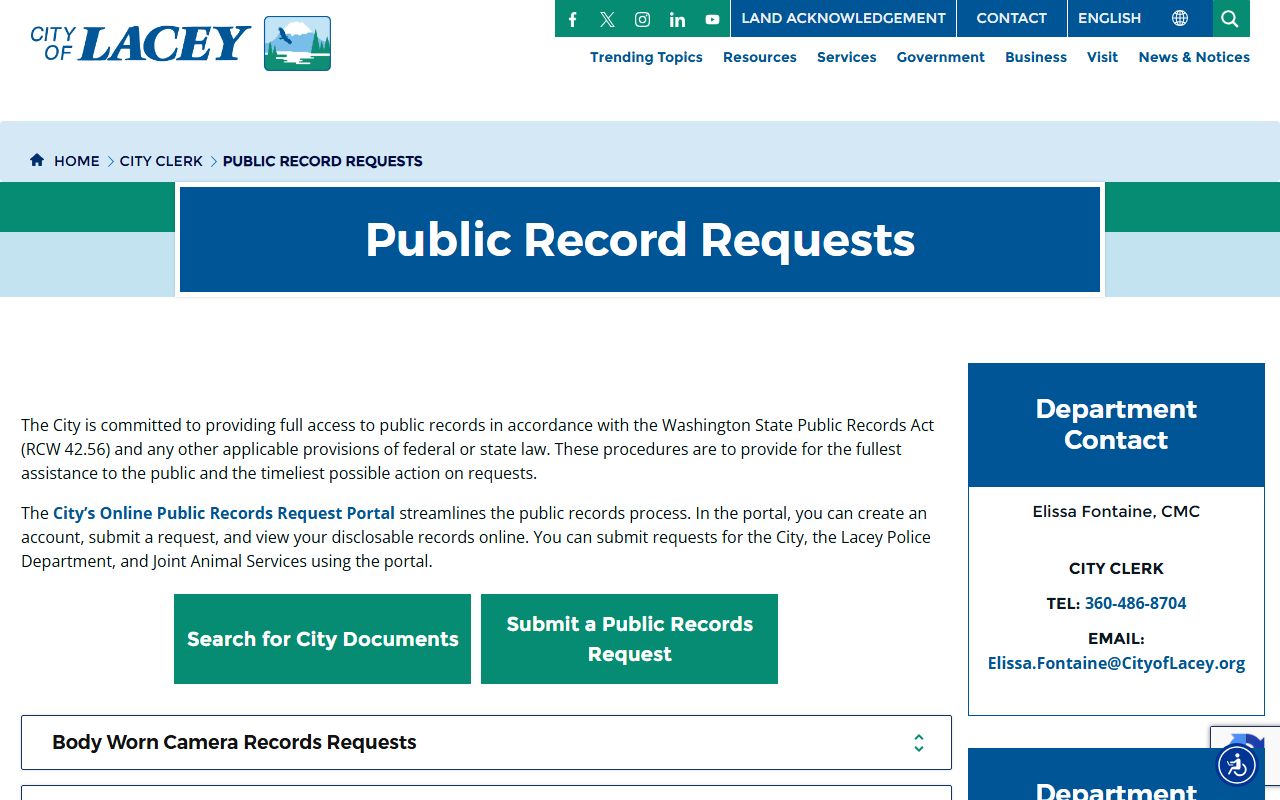 Lacey Washington public record requests page for booking releases