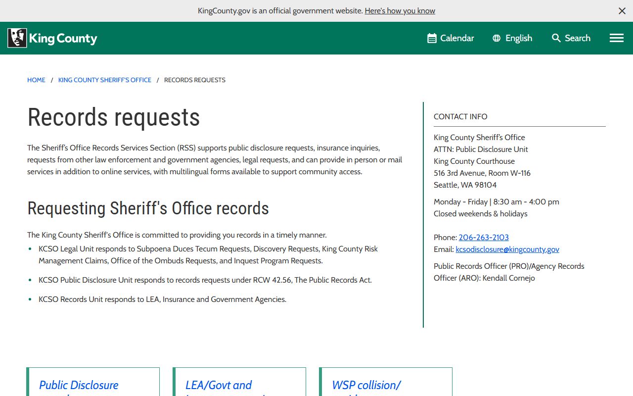 King County Sheriff records page for Maple Valley booking releases