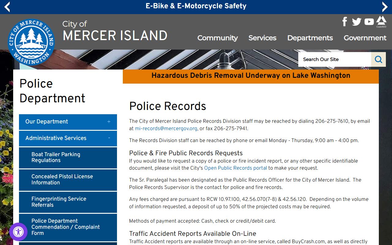 Mercer Island Booking Releases police records page