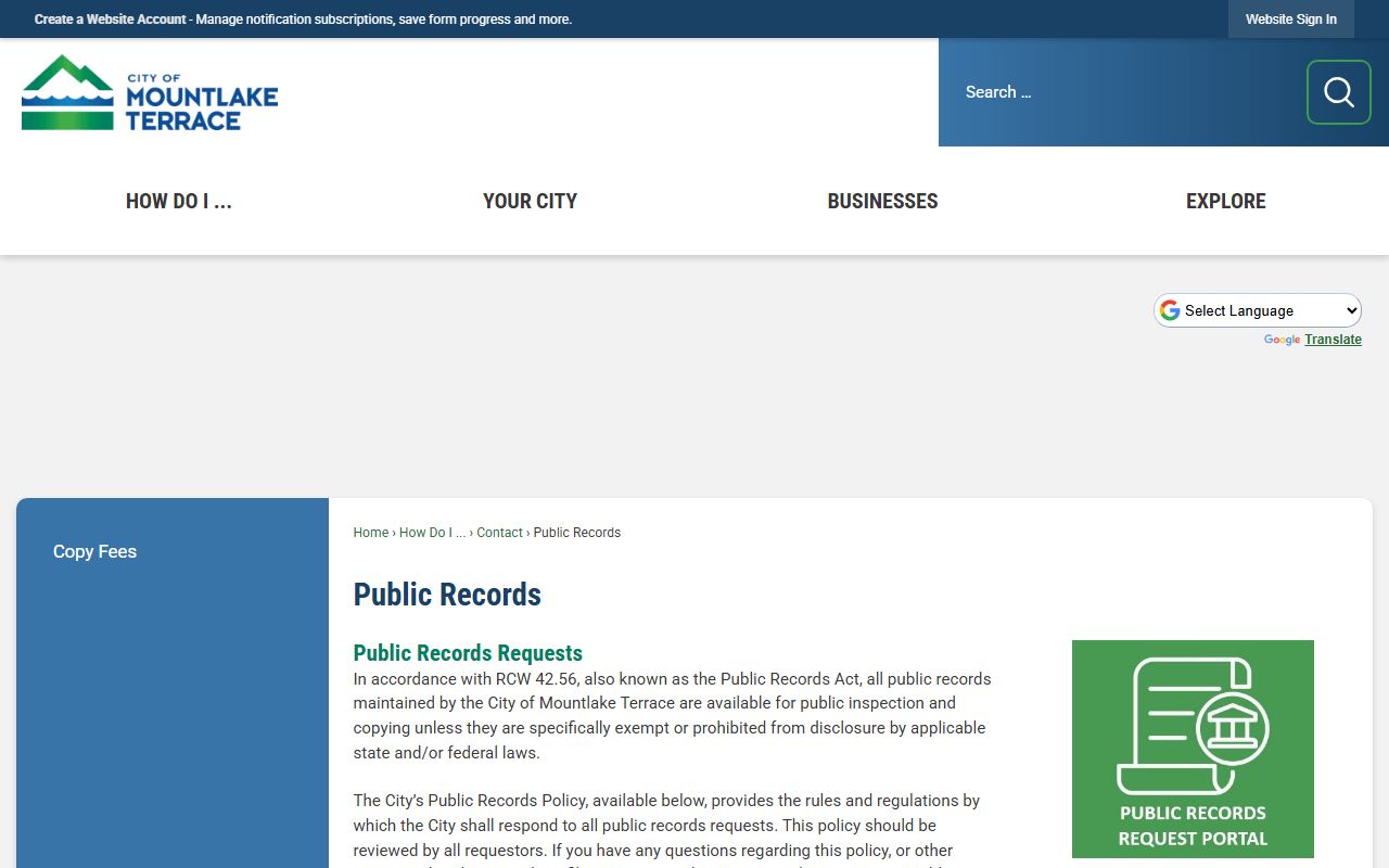 Mountlake Terrace public records page for booking releases