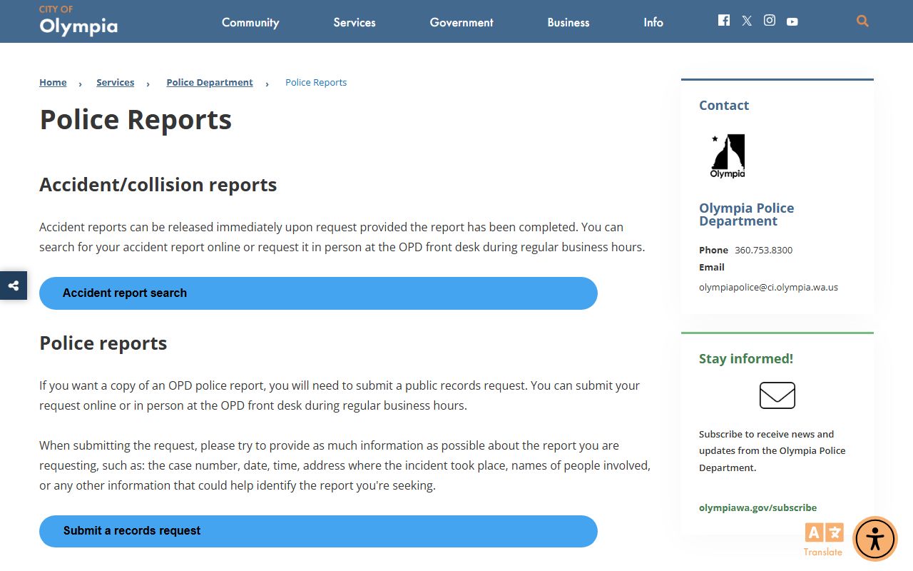 Olympia police reports and records page for booking releases