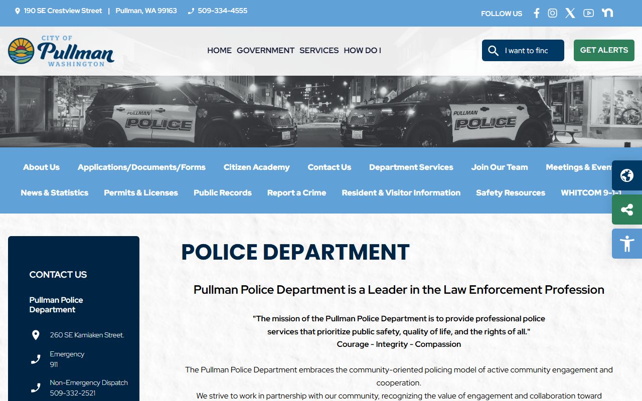 Pullman Police Department main page for booking releases
