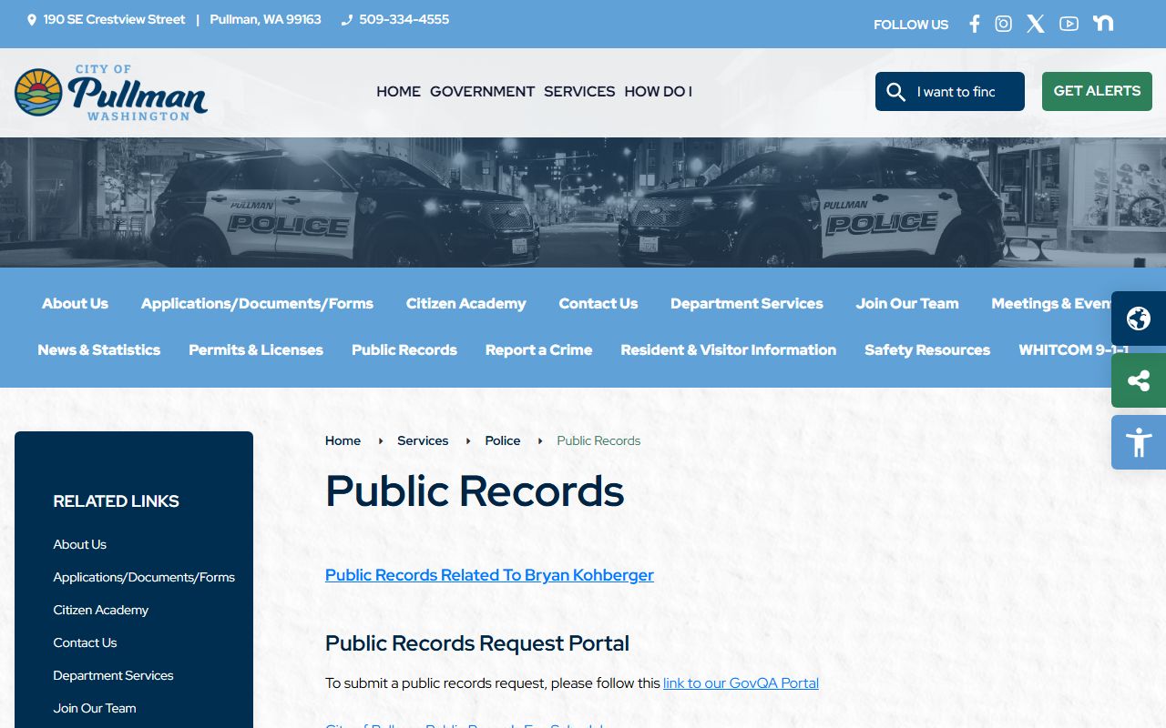 Pullman Police Department public records page for booking releases