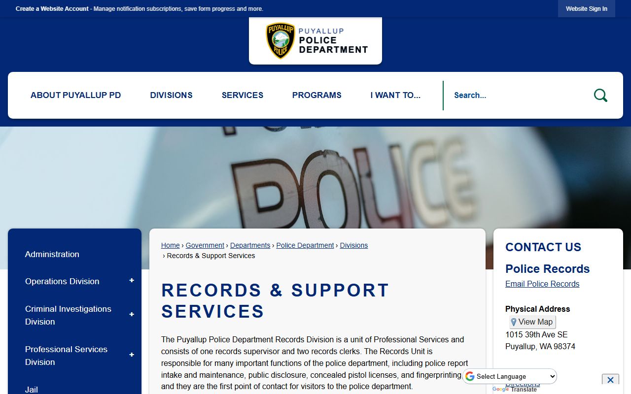Puyallup Police records and support services for booking releases