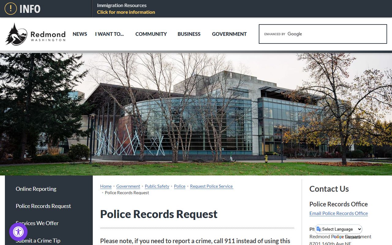 Redmond Police Records Request portal for booking releases