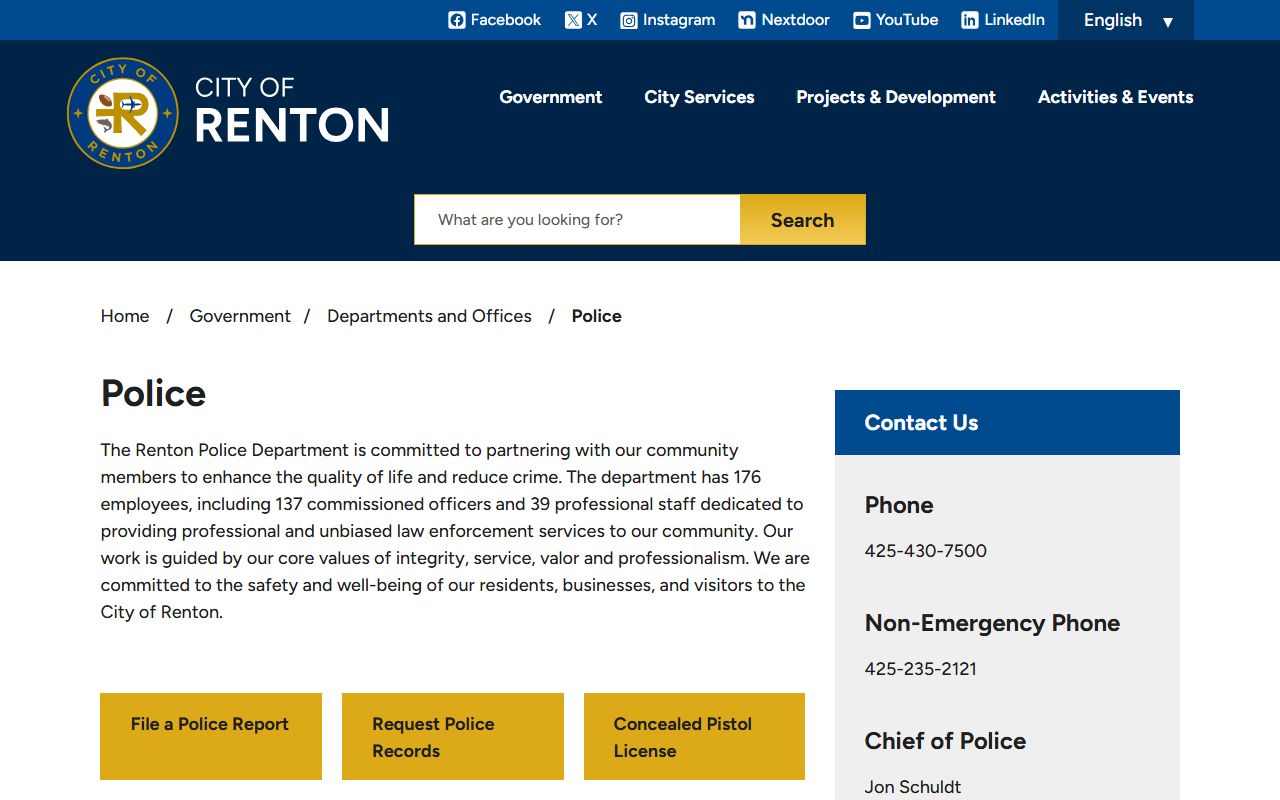 Renton Police Department main page for booking releases