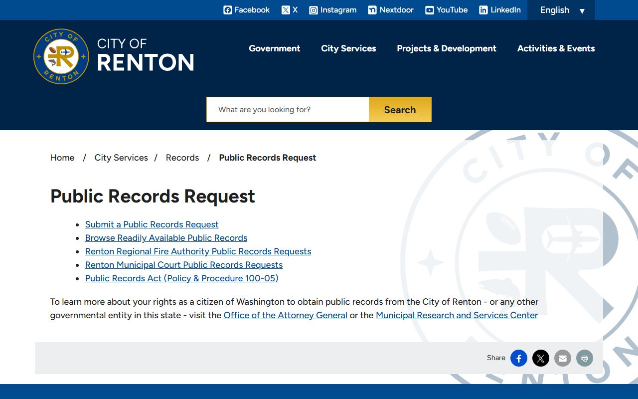 Renton public records request page for booking releases