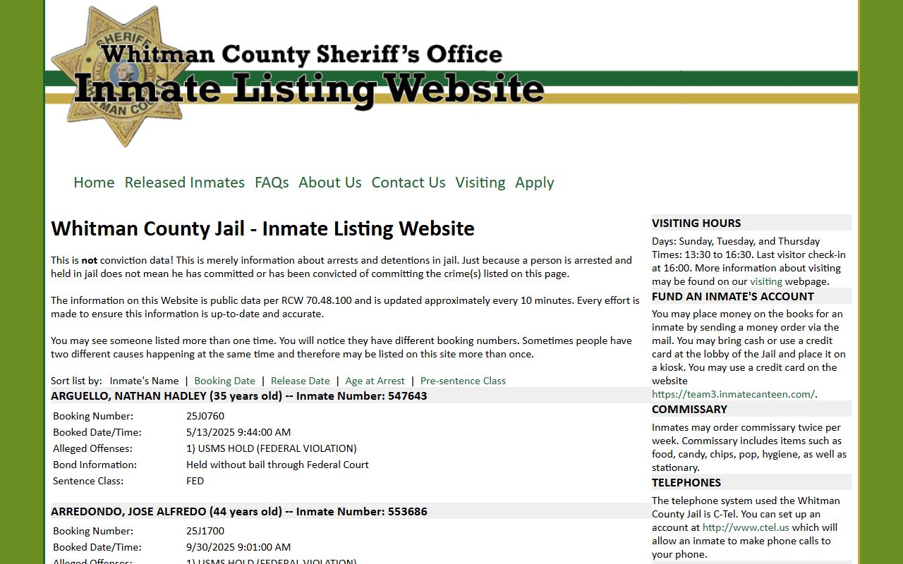 Whitman County booking releases - jail listing
