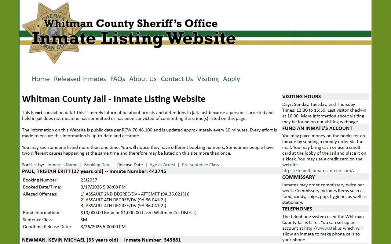 Whitman County booking releases - released