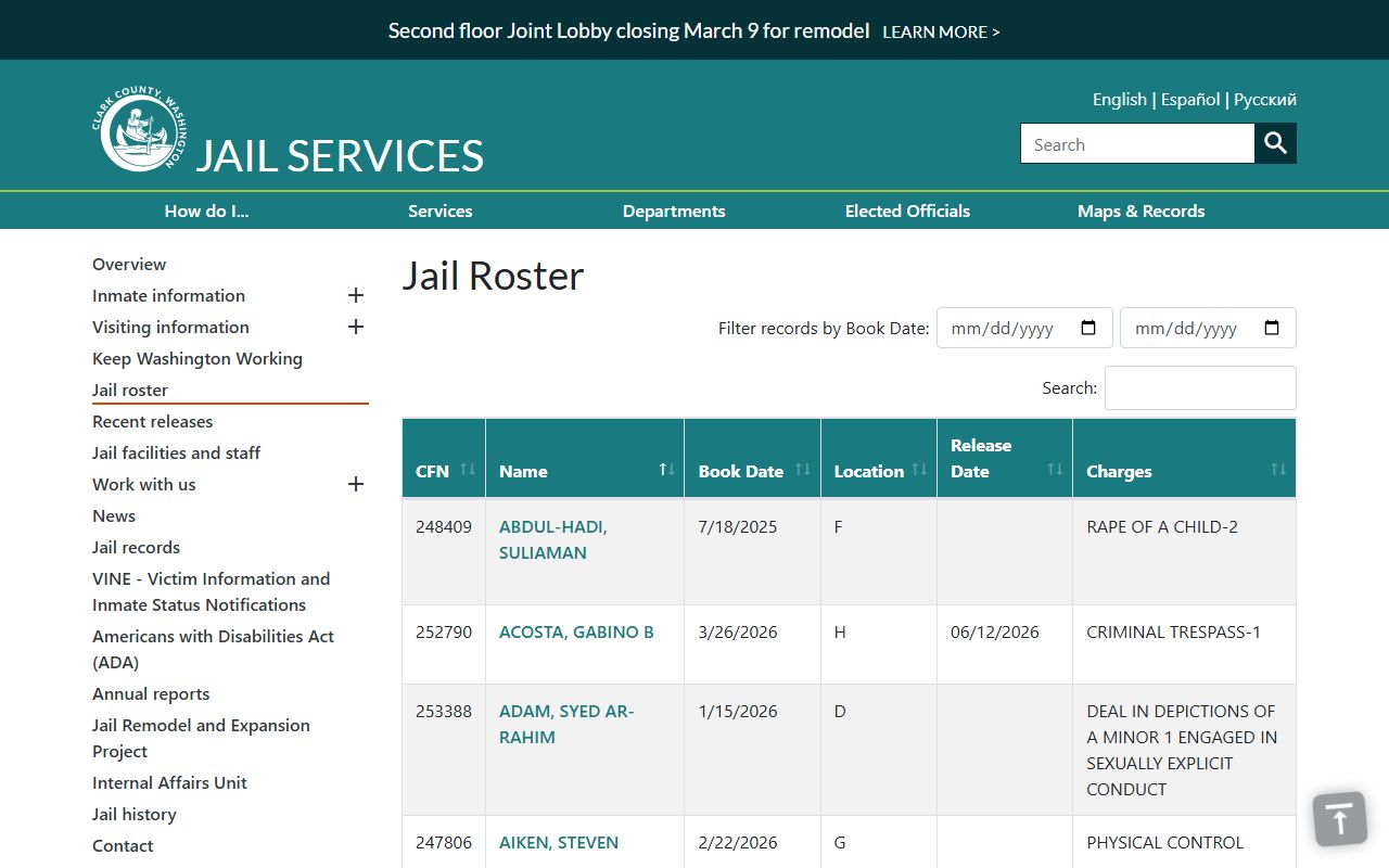 Clark County booking releases jail roster