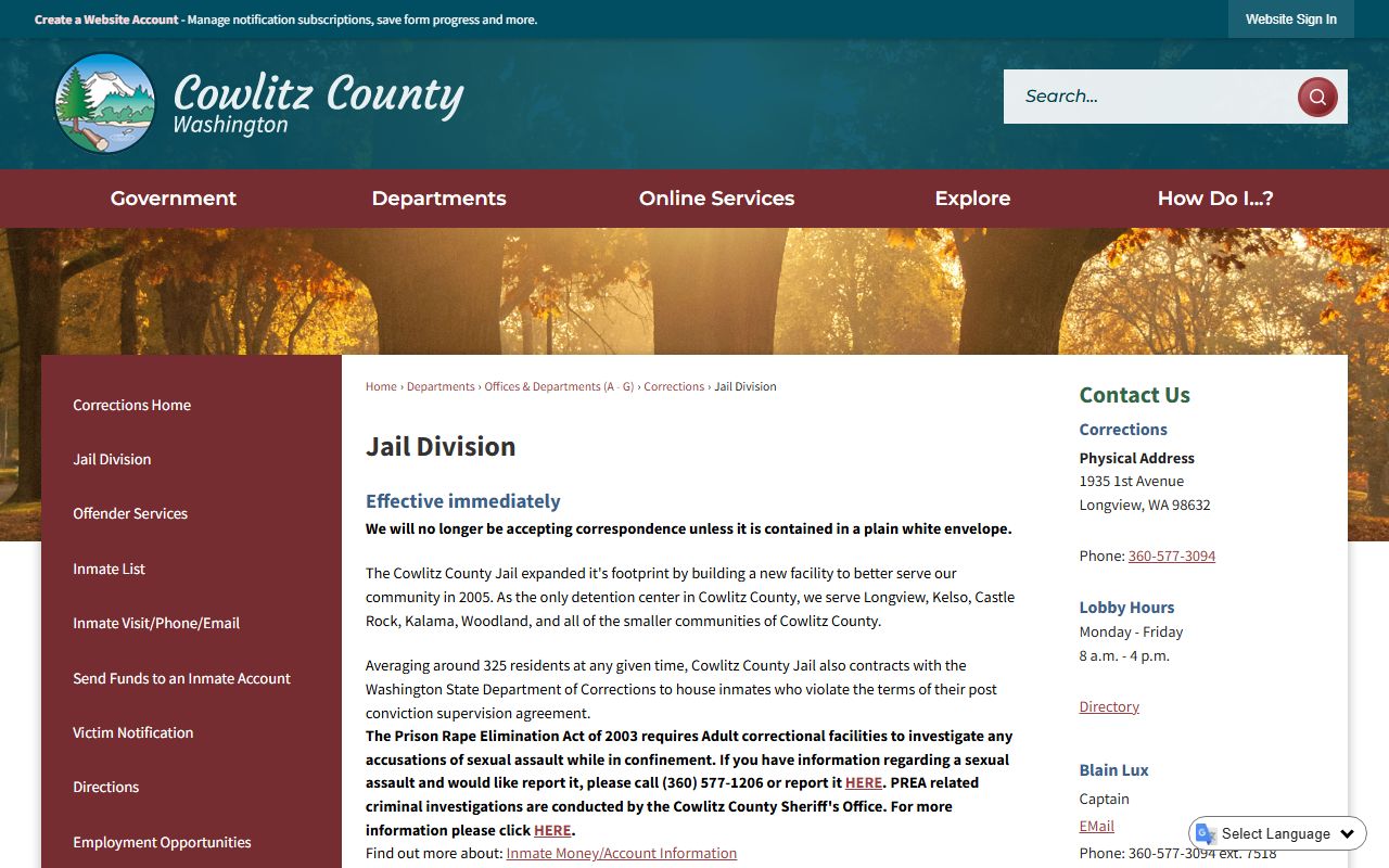 Cowlitz County booking releases jail division page