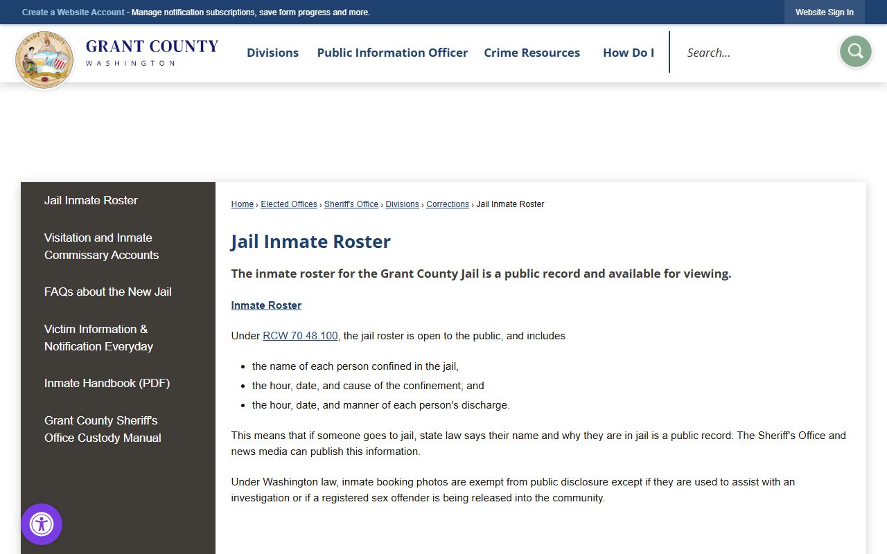 Grant County Jail Inmate Roster page Washington booking releases