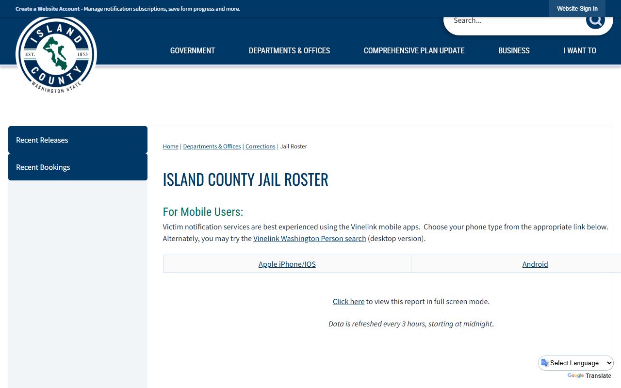 Island County Jail Roster Washington booking releases