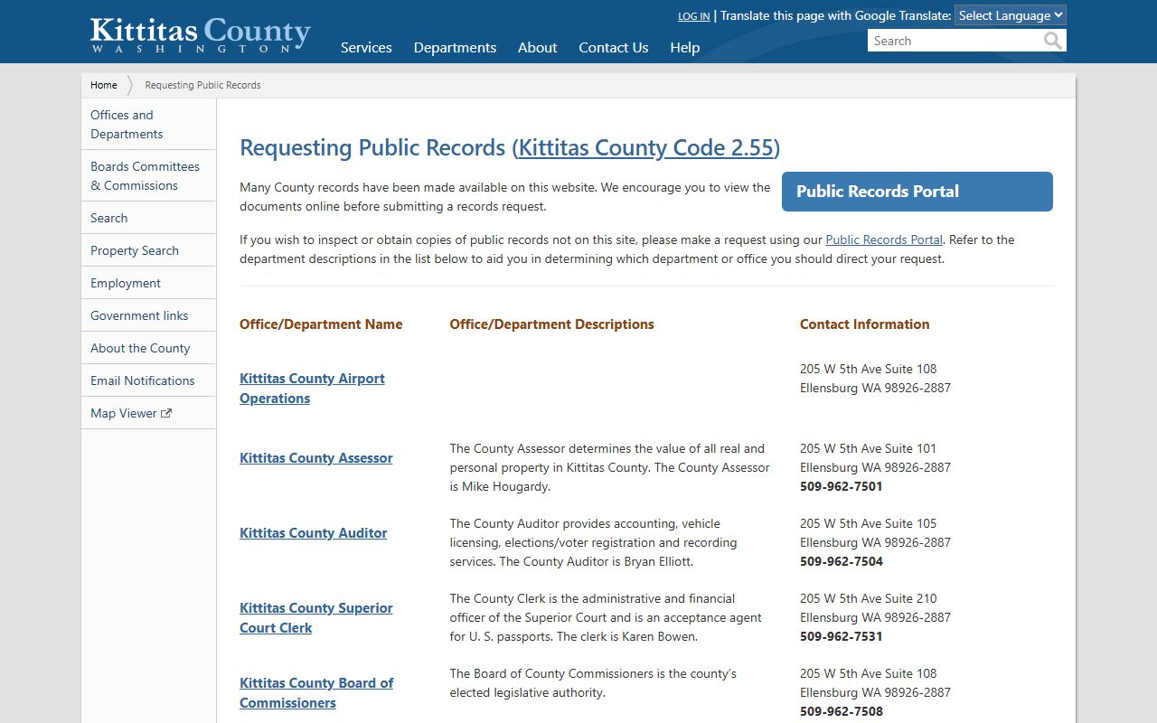 Kittitas County wide public records request booking releases