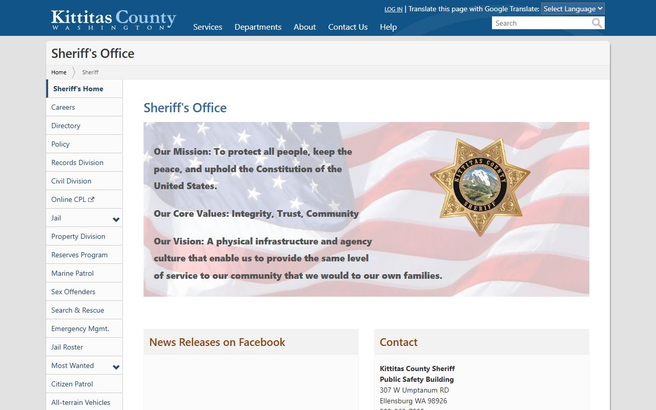 Kittitas County Sheriff main page Washington booking releases