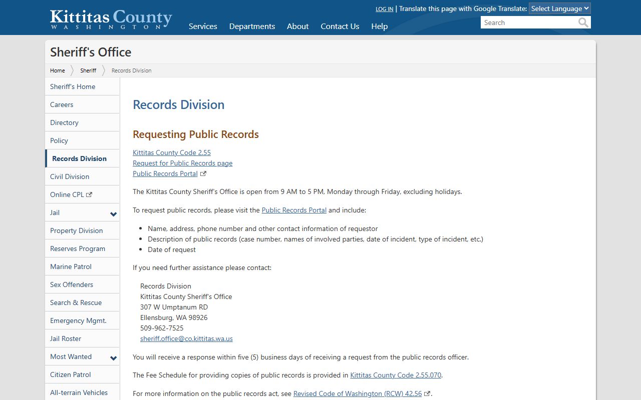 Kittitas County Sheriff's Office Records Division Washington booking releases