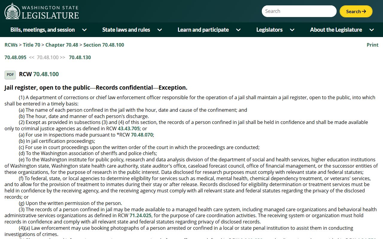 RCW 70.48.100 Washington jail register and booking releases statute