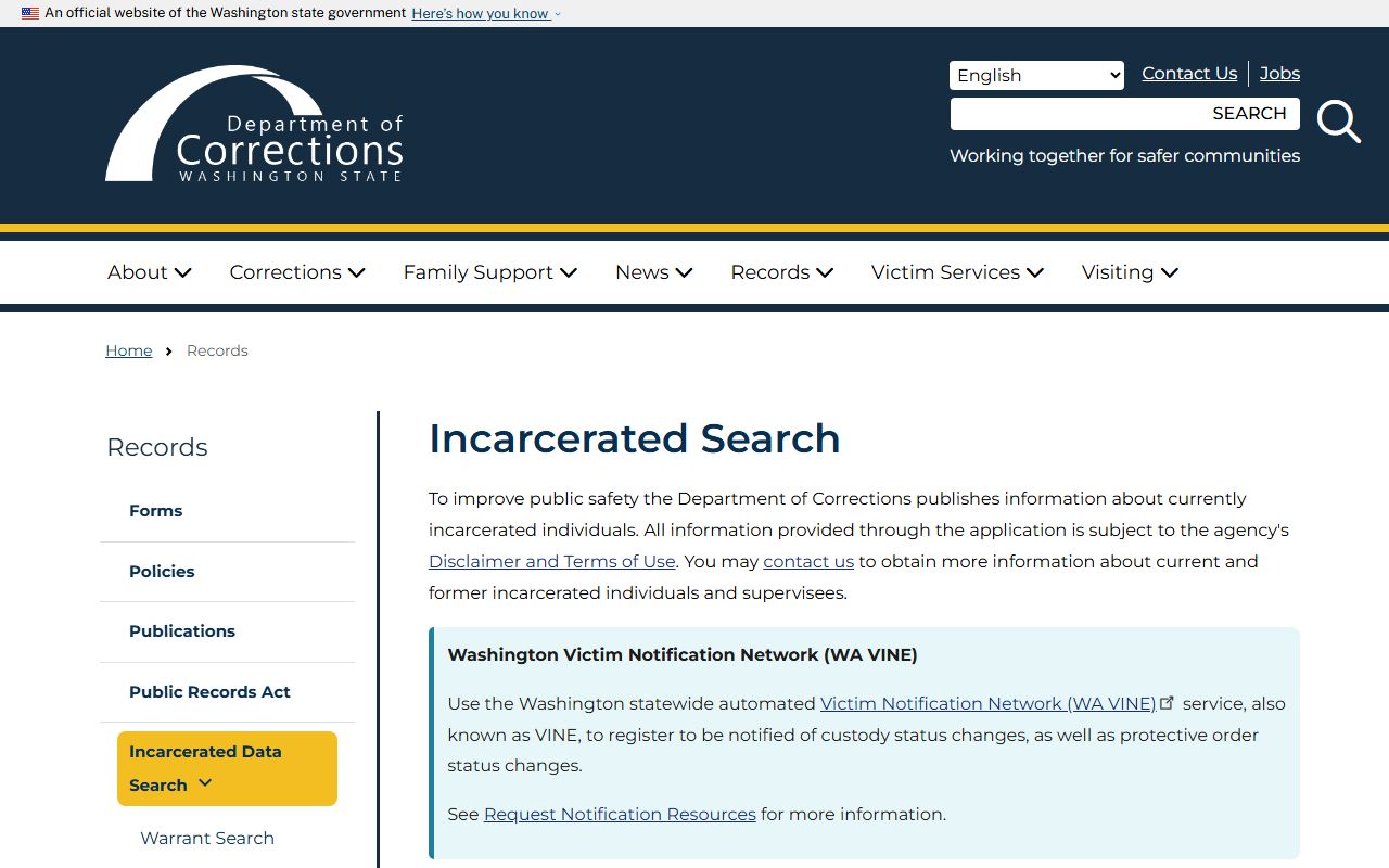 Washington DOC Incarcerated Search booking releases tool