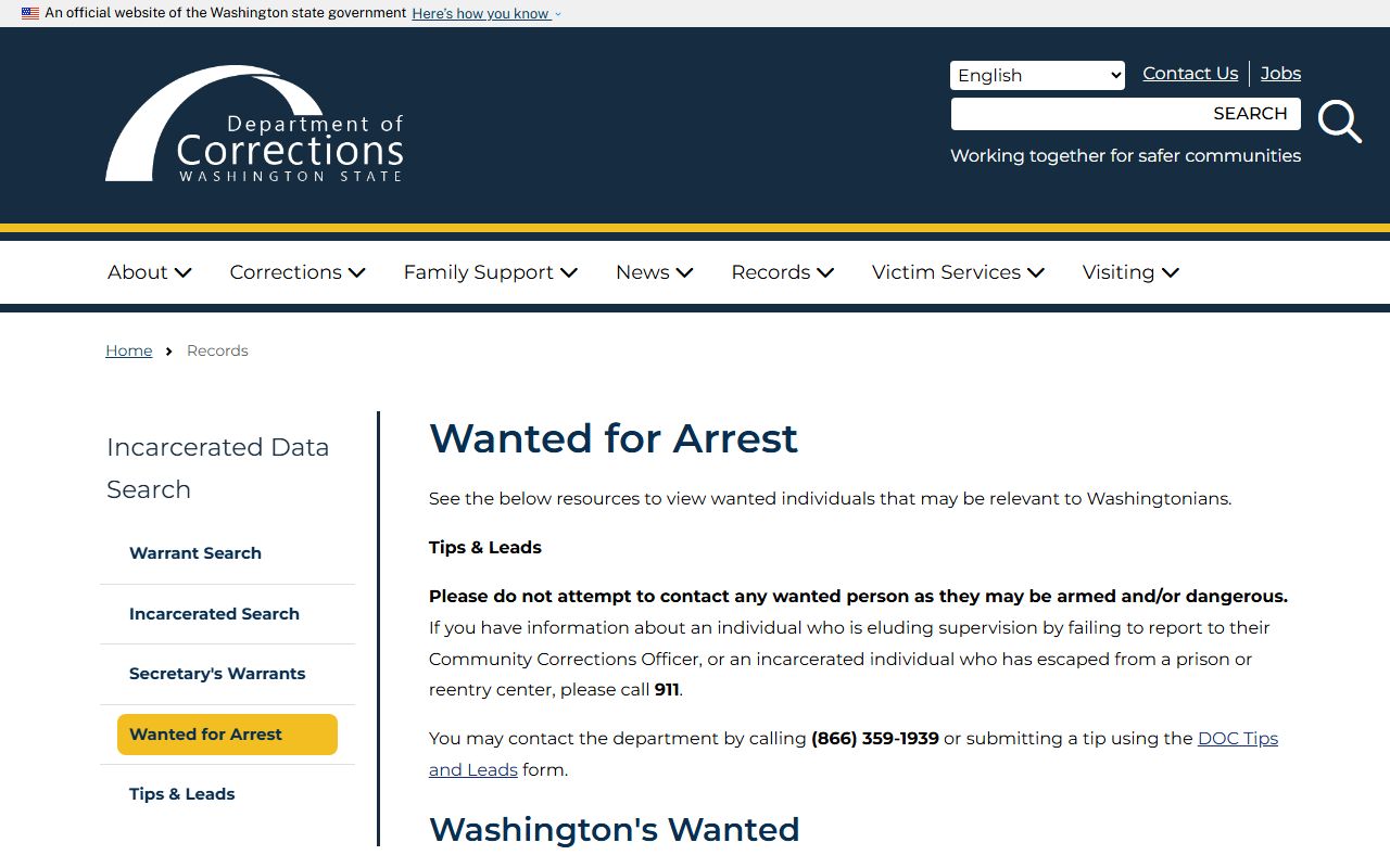 Washington DOC Wanted for Arrest list and booking releases
